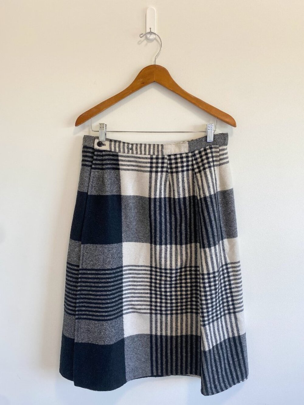 Vintage Black + White Check Plaid A-Line Wrap Skirt / 80s